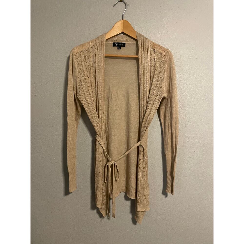 ii Sisters Womens Cardigan Size L/XL Beige Linen Blend Open Knit Tie Front Boho